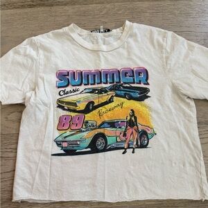 Pam & Gela White Tee with Retro 'Summer' Racing Graphic